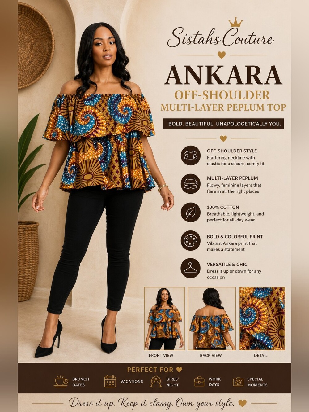 Ankara Off-Shoulder Multi-Layer Peplum Top | Bold African Print | Free Size